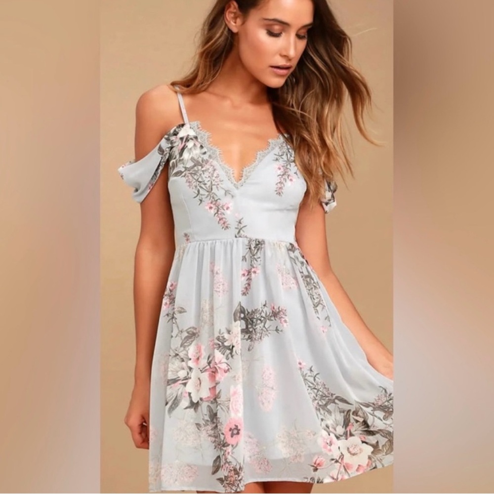 Lulu's Light Blue Floral Cold-Shoulder Dress